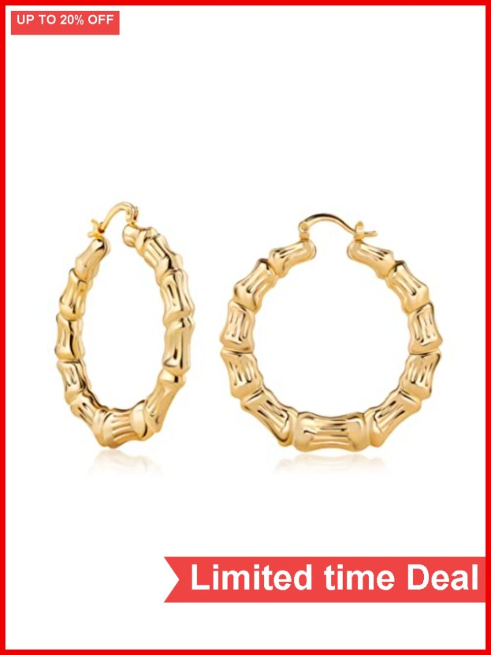 18k Gold Plated Bamboo Hoop Earrings 40mm Latch Back Women